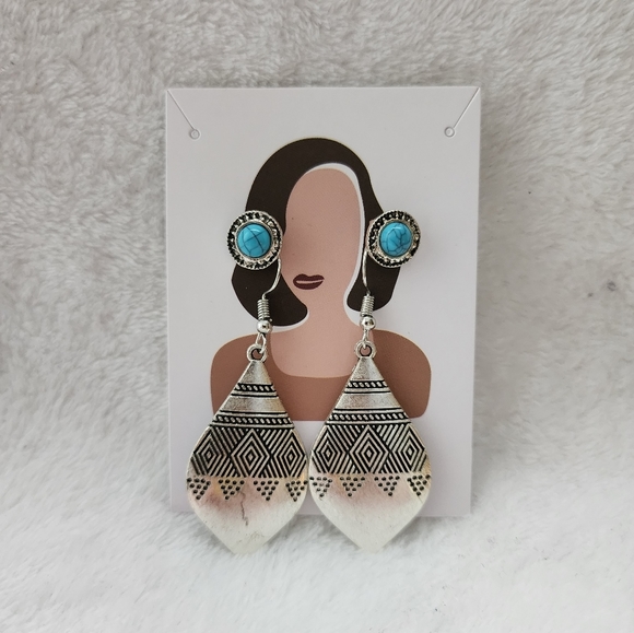 Silver Teardrop with Round Turquoise Earrings - Picture 2 of 6